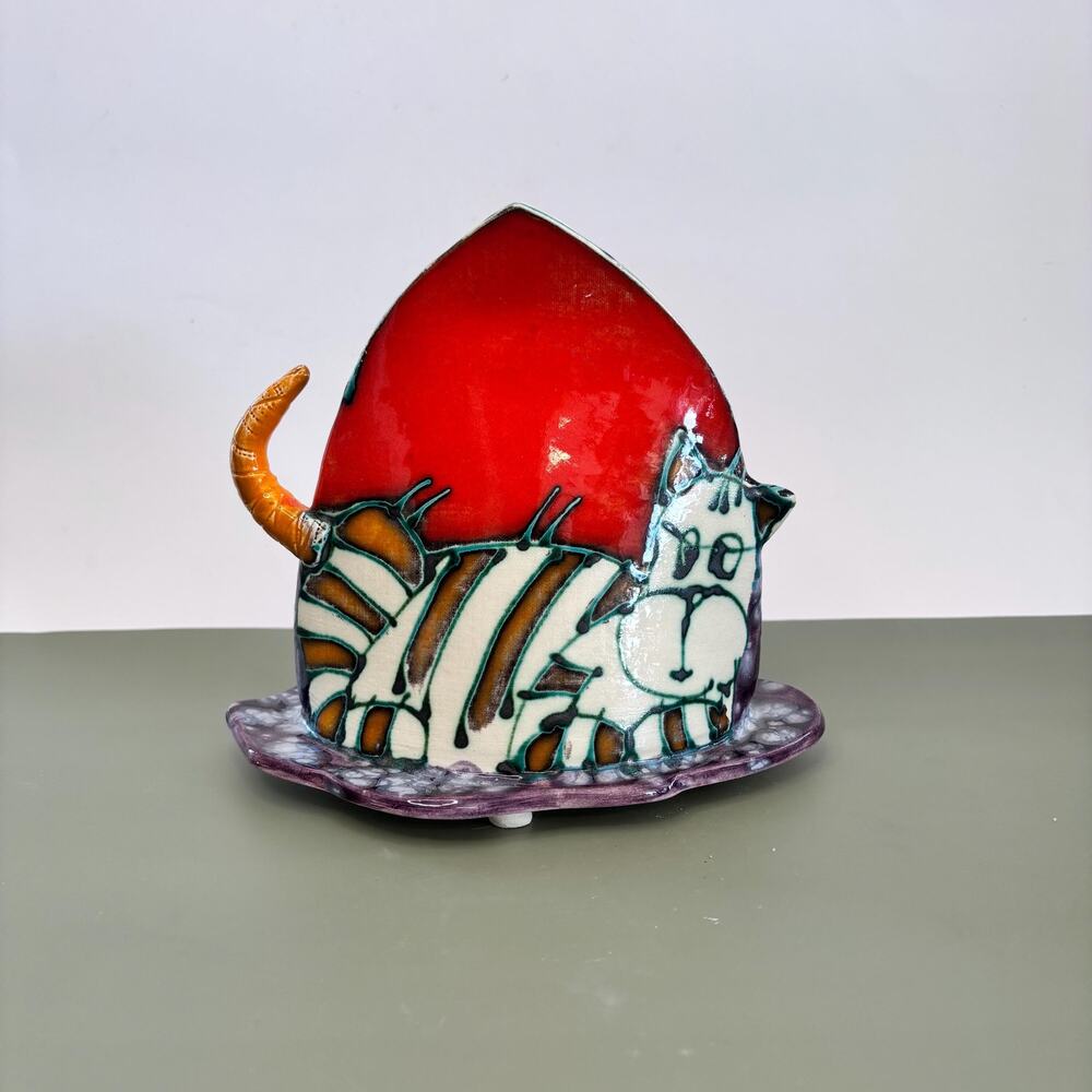 Vintage Cat Vase • Juozas & Rasa Saldaitis 2007 • Signed Studio Pottery Ceramic
